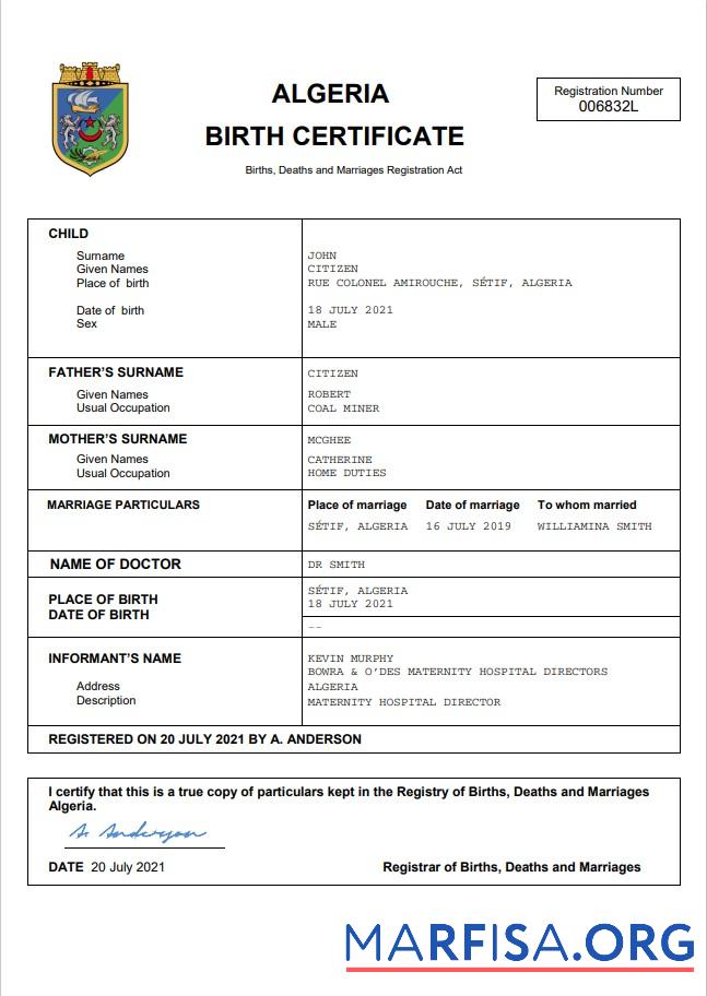 Blank Algeria vital record birth certificate Word real example